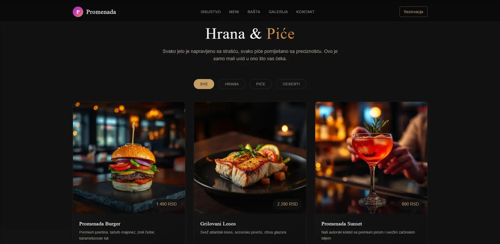 Menu and offerings section